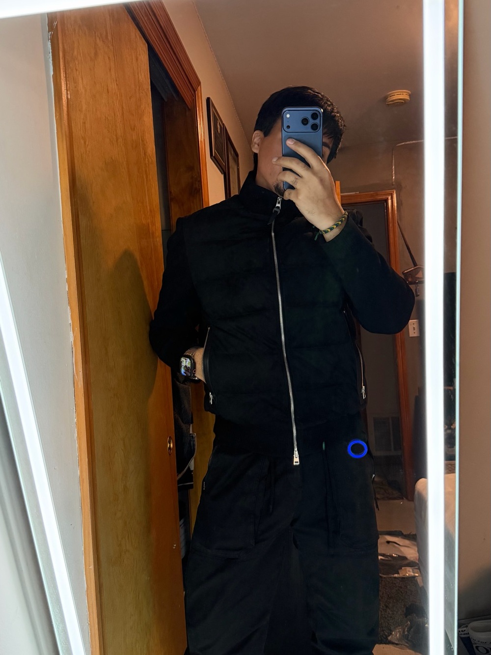 Suede Leather Black Quilted Puffer Jacket with Knit Sleeves and Goose Down - Picture 15 of 15
